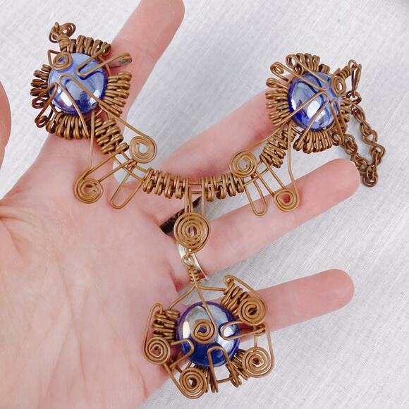 Handmade Wire-Wrapped Copper Necklace with Deep Blue Glass Cabochon Boho Pendant - Picture 3 of 10